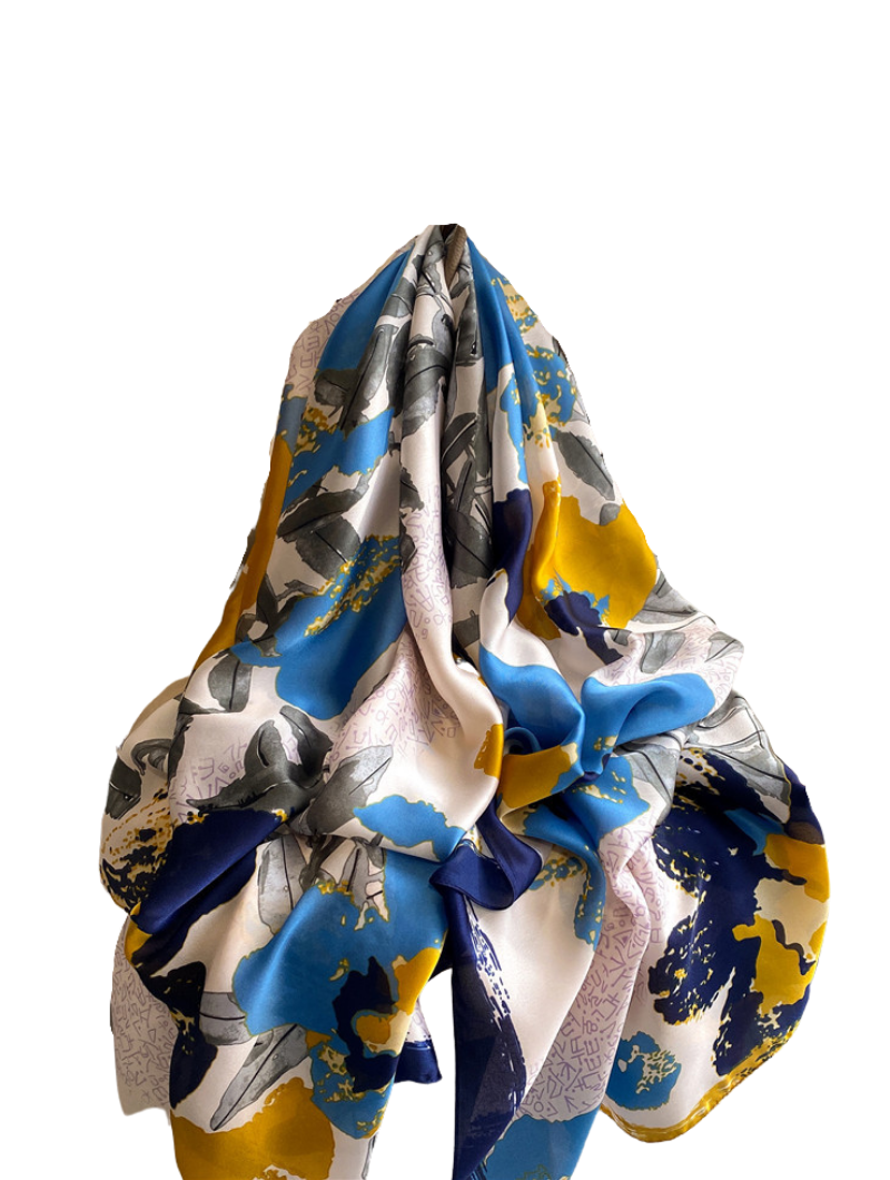 Hijab Soyeux | Floral Jaune-Bleu