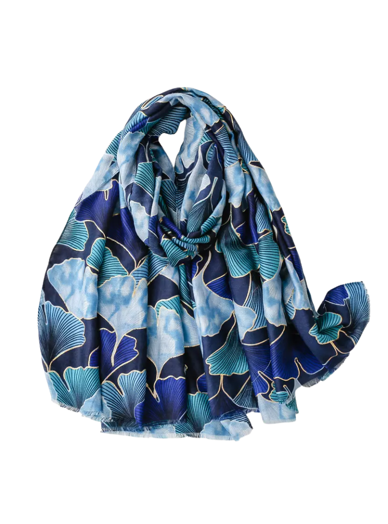 Hijab Premium | Feuillage Bleu avec finitions dorées