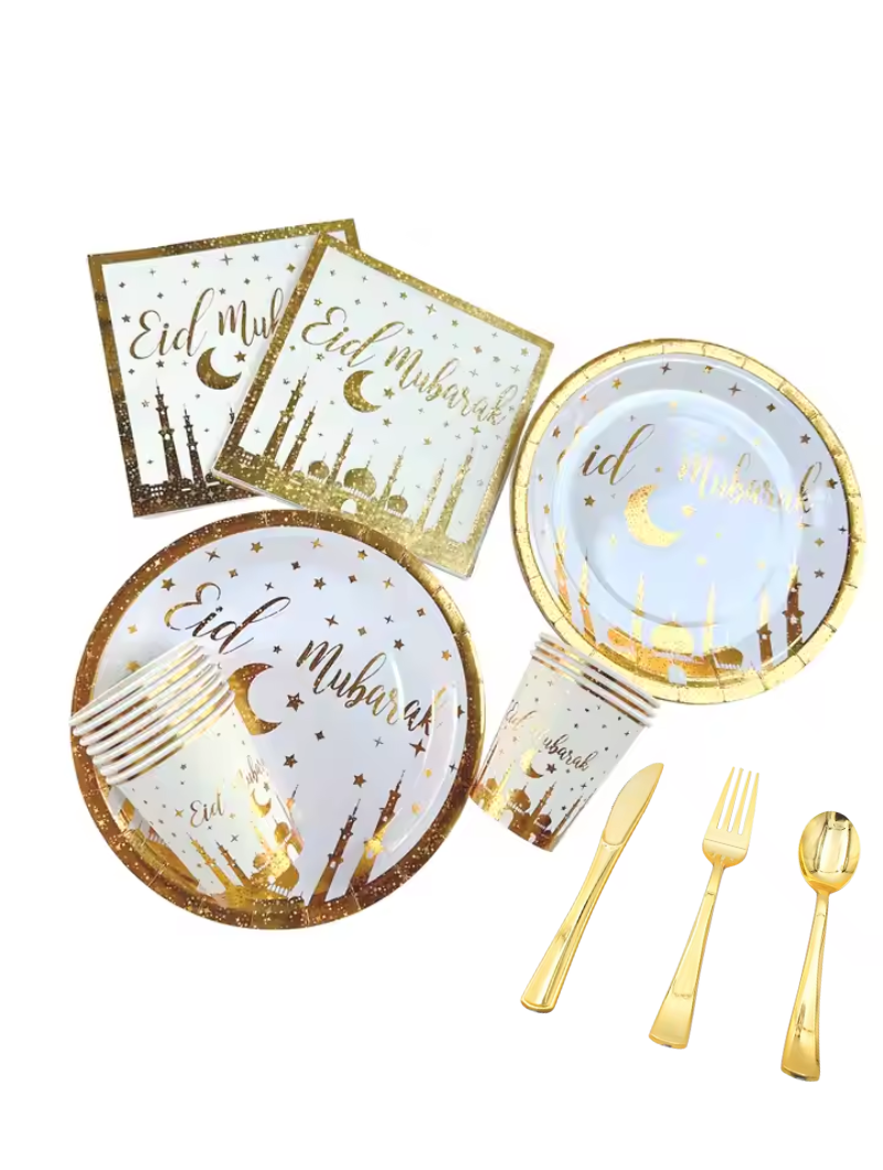 Vaisselle Jetable (10 pers.) | Eid Mubarack Gold (+ Ballons)