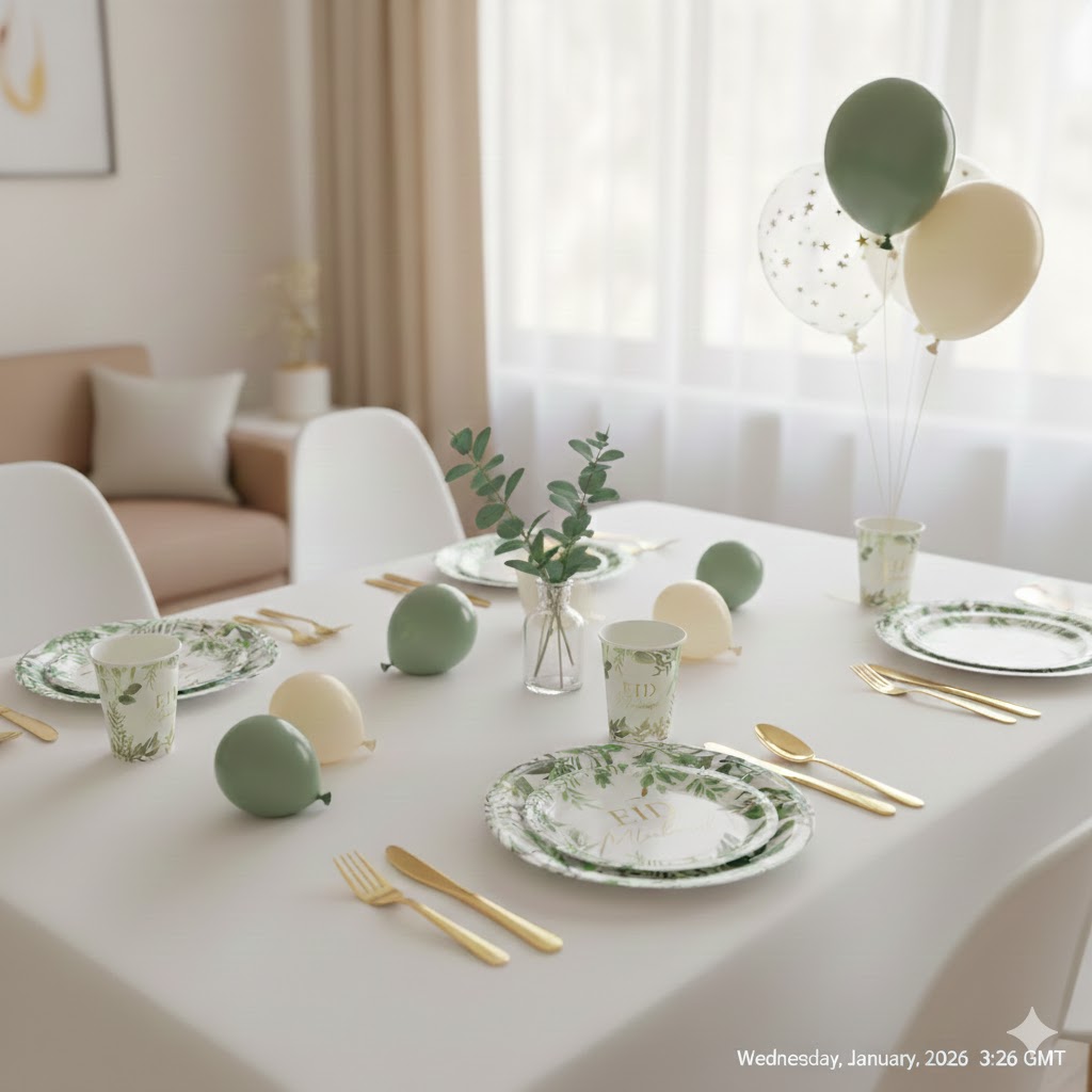 Vaisselle Jetable (10 pers.) | Feuillage vert Eid Mubarak