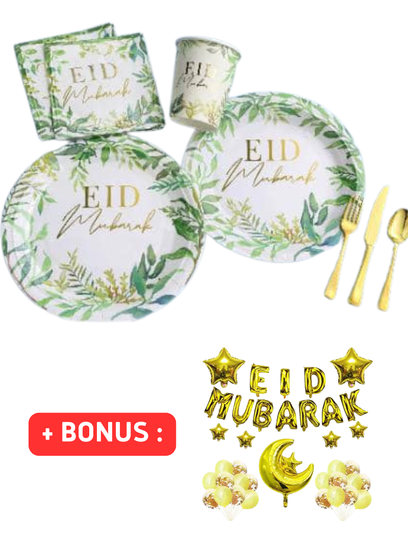 Vaisselle Jetable (10 pers.) | Feuillage vert Eid Mubarak